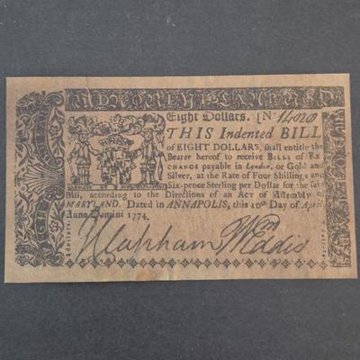 1774 Colony of Maryland 8 Dollar Banknote Replica
