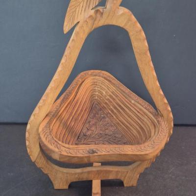 Vintage 1970s Hand Carved in Pakistan Wooden Pear Shaped Collapsible Fruit Basket