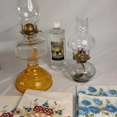 Vintage Oil Lamps & Linens Lot – Clear & Amber Glass