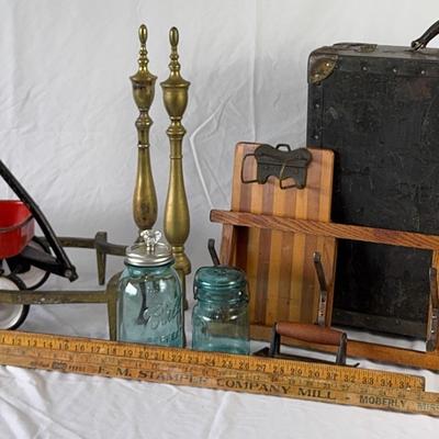 Vintage Collectibles Lot – Tiny Tot Wagon, Antique Case, Brass Candlesticks & More