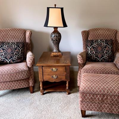 Collection of Armchairs, Otoman, End Table & Lamp