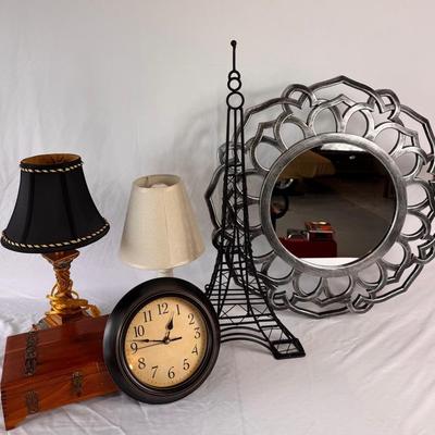 Home Décor Lot – Eiffel Tower Sculpture, Mirror, Lamps & Clock