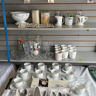 Mikasa Cups And Saucers, Yamazaki Tableware, Vases. Candleholders, Mugs, And Blue Sundae Glassware