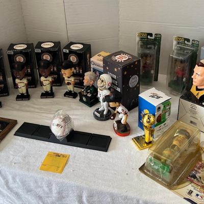 SF Giants Bobbleheads, Star Trek Figurines, Captain Kirk Mug, And Tiger Woods Bobble Head