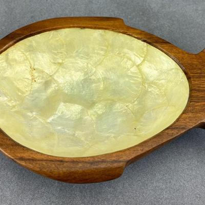 Fish-Form Wooden Bowl W/ Shell Inlay