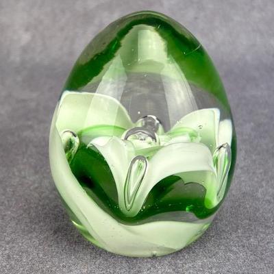 Green Swirl Art Glass Egg Paperweight