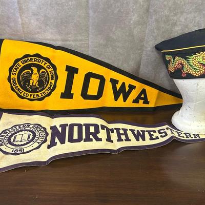 American Legion Uniform Cap & Two College Football Pennant Flags