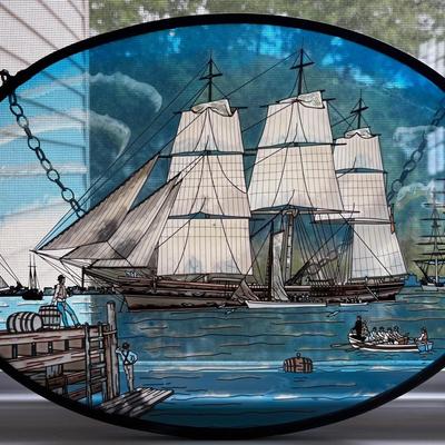 Reverse-Painted Glass Harborscene Window Hanging