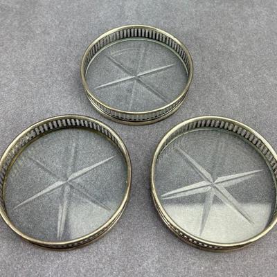 Frank Whiting - Trio of Sterling Silver Art Deco Etched Glass Coasters