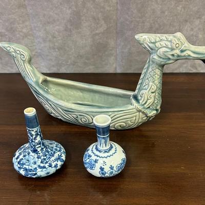Dragon Boat Centerpiece & Asian Light Blue Bud Vases