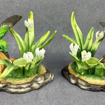 Pair of Colorful Ceramic Hummingbird Floral Candle Holders