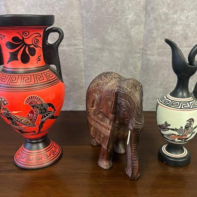 Two Greek Ceramic Vases & Wooden Carved Elephant 