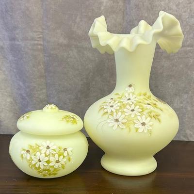 Hand-Painted Signed Fenton Uranium Glass Vase & Jar