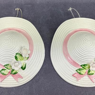 Pair of White Ceramic Hat Wall Pocket Plant Holders 
