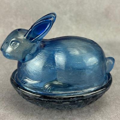 Rustic Blue Glass Lidded Rabbit Trinket Dish
