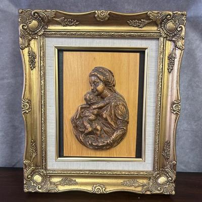 Framed Wooden Relief Of Mother & Child