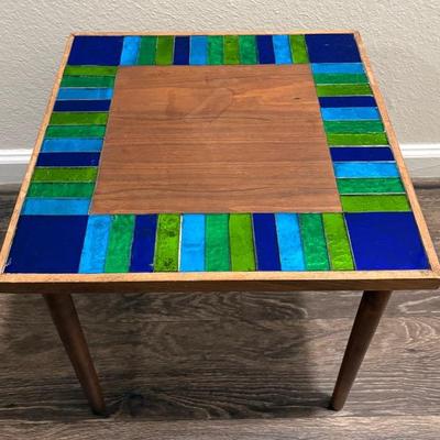 Vintage Teak Mid-Century Modern Mosaic Glass Side Table