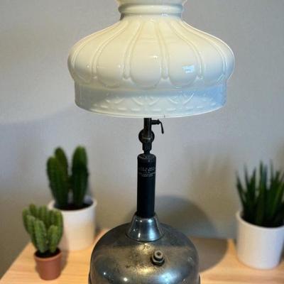 Coleman quick lite table lamp with milk glass shade