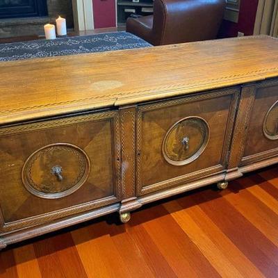 Wood inlay three door console cabinet