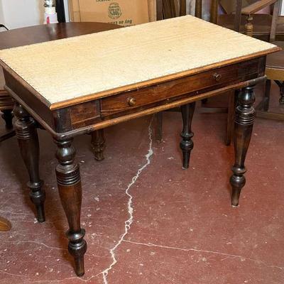 Vintage wood library table with leather top