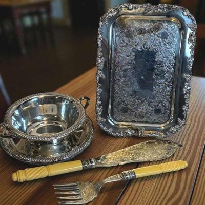 Vintage fish knife fork set & other serving items
