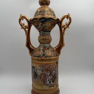 Vintage Hand painted Chinese Satsuma Porcelain Gold-gilded Lidded Urn (2 Feet high)