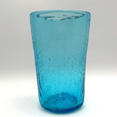 Vintage Blenko Art Glass Ice Blue Crackle Glass 9” Vase