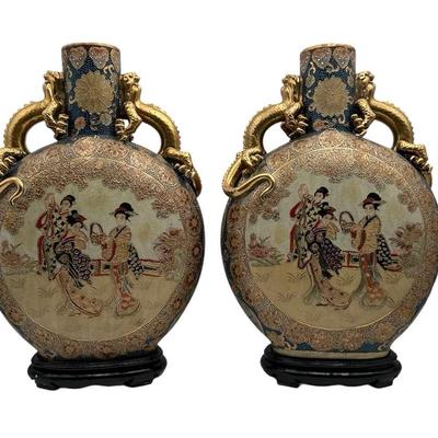 Pair Of Antique Satsuma Moriage Hand Painted Moon Flask