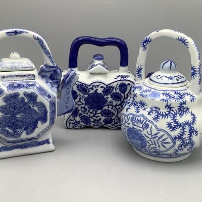 Three Vintage Chinese Porcelain Teapots - Flower Motif