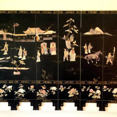 Large Six Panel Black And Gold Lacquered Chinoiserie Screen With Carved Stones