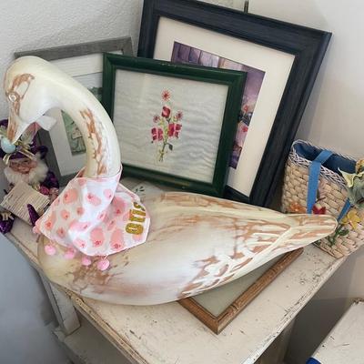 Unique Two-tiered Table With Wooden Swan And Small Wall Art