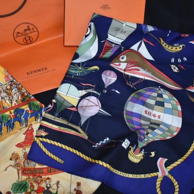 Vintage Hermès Cirque Mollier Carré 90 Silk Scarf and
Vintage Hermès Les Folies Du Ciel Silk Scarf, 1984