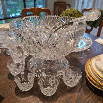American Brilliant Period Cut Glass Punch Bowl, 7 cups, & Ladle