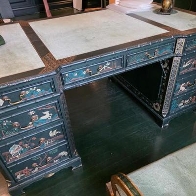 John Widdicomb Chinoiserie Partner's Desk Hand Painted, Leathertop