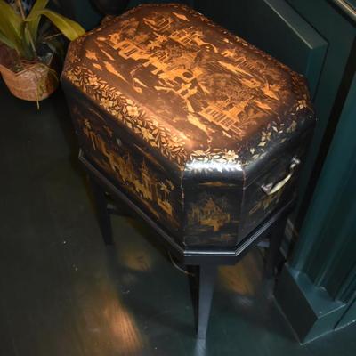 Sale Photo Thumbnail #48: Chinese Black & Gold Lacquer Landscape Decorated Box on stand