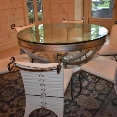 Custom Round Iron with Glass Top Dining/Entry Table 

6 Custom Wrought Iron Upholstered Dining Chairs
