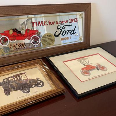 Trio of Vintage Car Framed Prints & Mirror