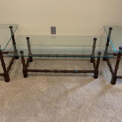 3 Tables With Glass Top & Wooden Legs