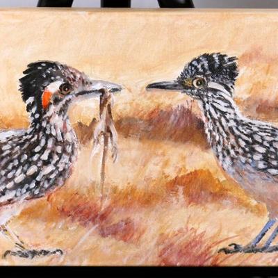 "Courting Gift" Canvas Painting of Roadrunners, Signed 