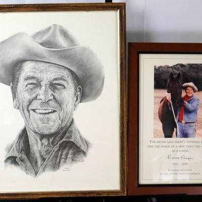 Framed & Signed Gary Guiffre Sketch of Ronald Reagan & Ronald Reagan Signed Portrait with Horse