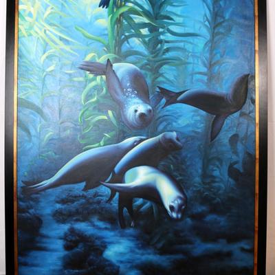 Seals in Kelp Painting, Custom Framed, Black/Gold Frame
