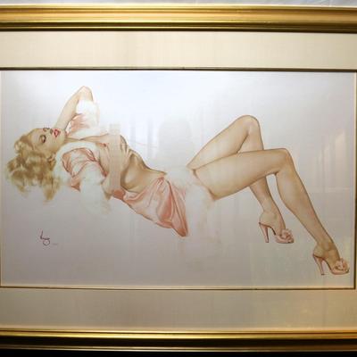 Alberto Vargas Framed Print, Woman Reclining in Pink Robe, 86/200, Gold Frame