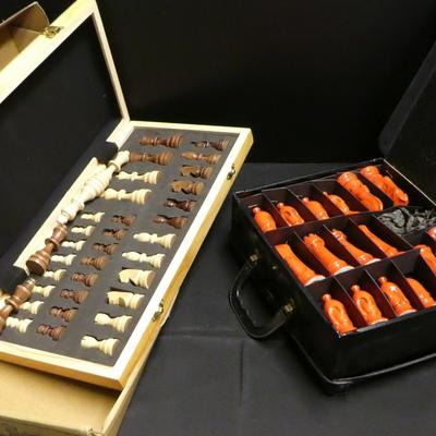 2 - Exquisite Carved & Ceramic Chess Board Game Sets with Carrying Cases, Original Box