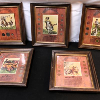 (5) Framed Coin Sets: Western US Themed, Forty-Niners, American Indian, Pony Express