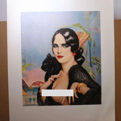 Alberto Vargas Unframed: Black Haired Woman with Black Cat and Landscape