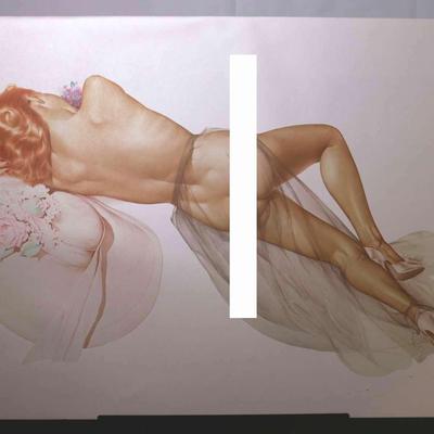 Alberto Vargas Unframed:  Redhead Woman Back with Black Sheer Skirt and Large Floral Hat