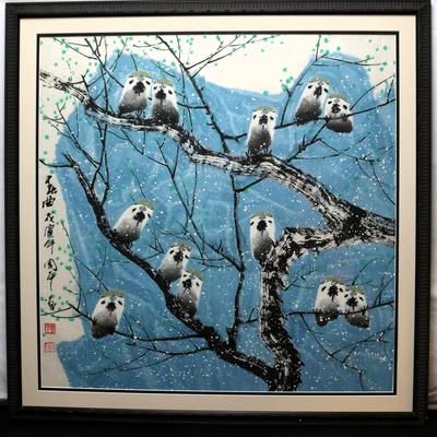 Winter Scene with Birds & Snow, Asian, Framed