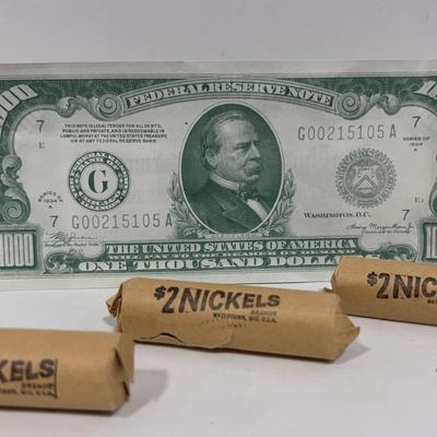 BE091 1,000 Federal Reserve Note And Nickels 1944-1960