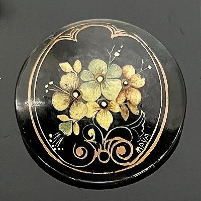 Victorian Handpainted Signed Floral Lacquer on Wood Brooch