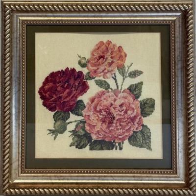 Framed Floral Cross-Stitch Art Piece With Roses & Hydrangeas